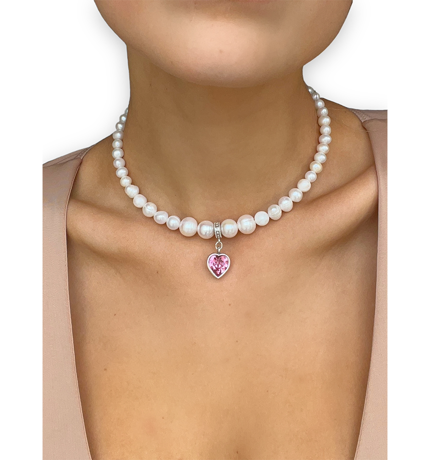 Grains de Verre - "PEARLS CHOKER" WITH PINK HEART SILVER