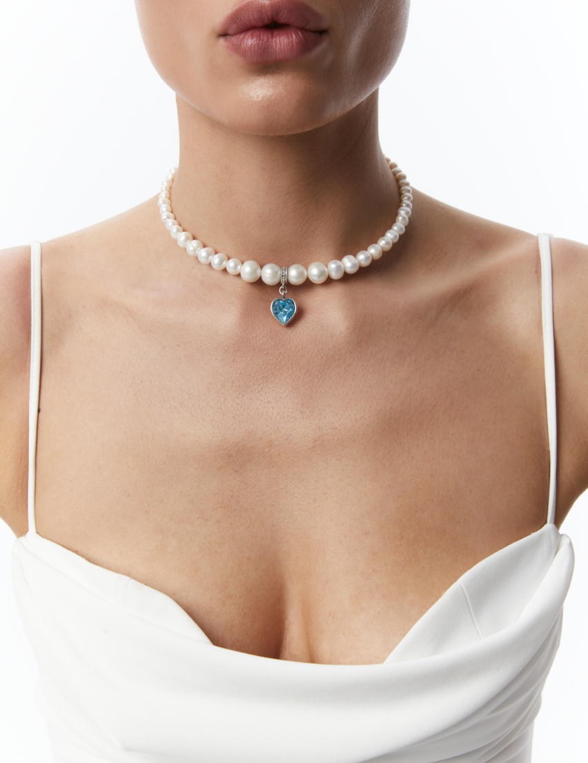 Grains de Verre - "PEARLS CHOKER" WITH BLUE HEART SILVER