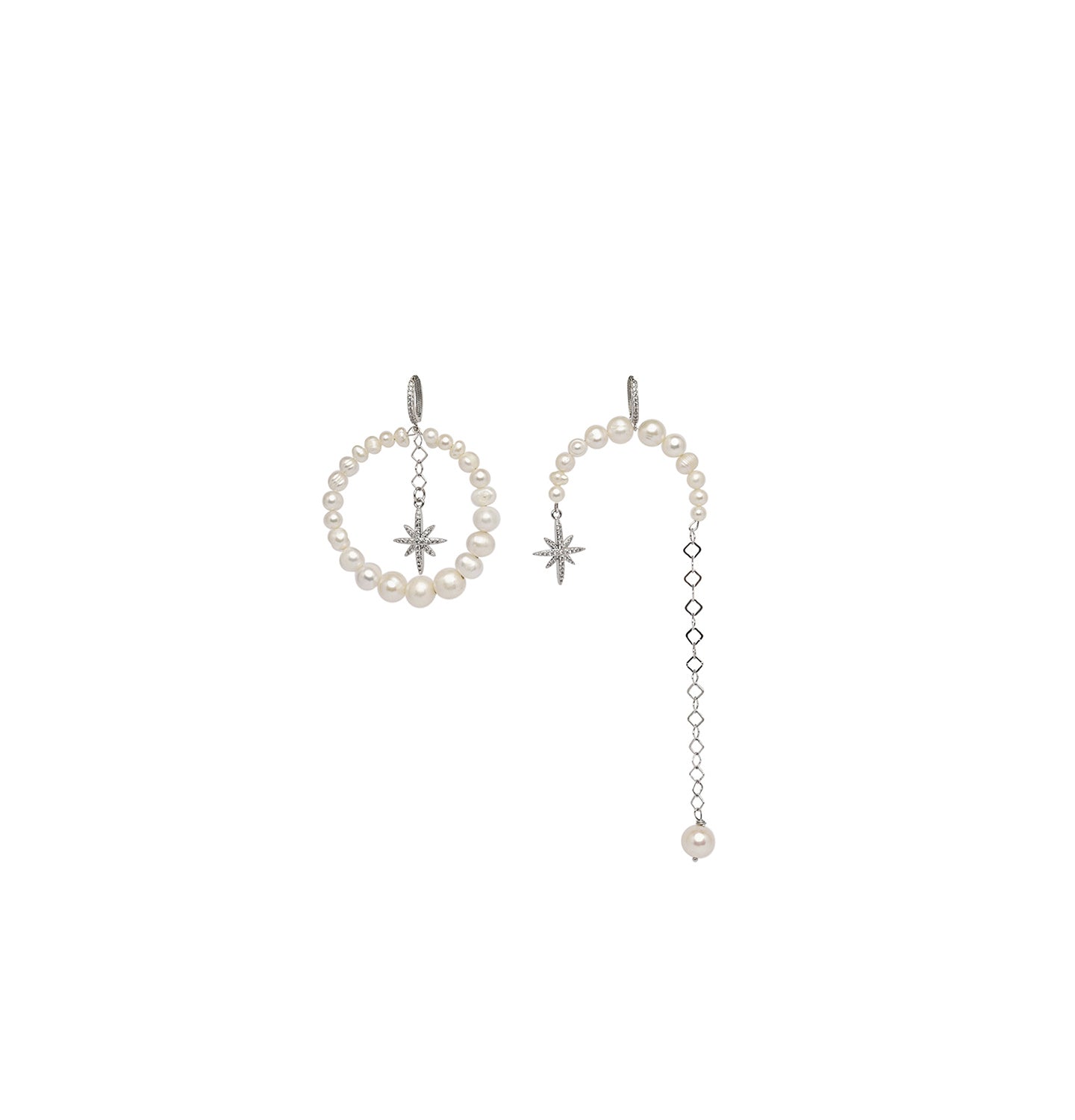 Grains de Verre - ASYMMETRICAL PEARLS EARRINGS WITH "MORNING STAR" SILVER