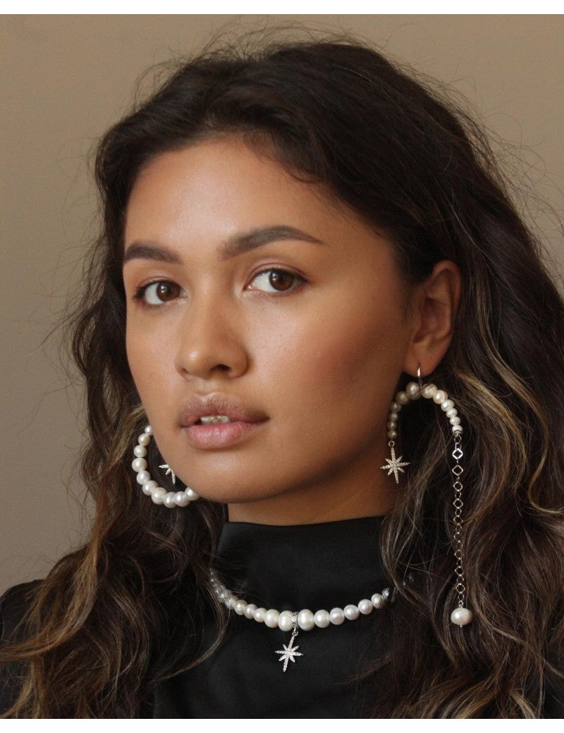 Grains de Verre - ASYMMETRICAL PEARLS EARRINGS WITH "MORNING STAR" SILVER