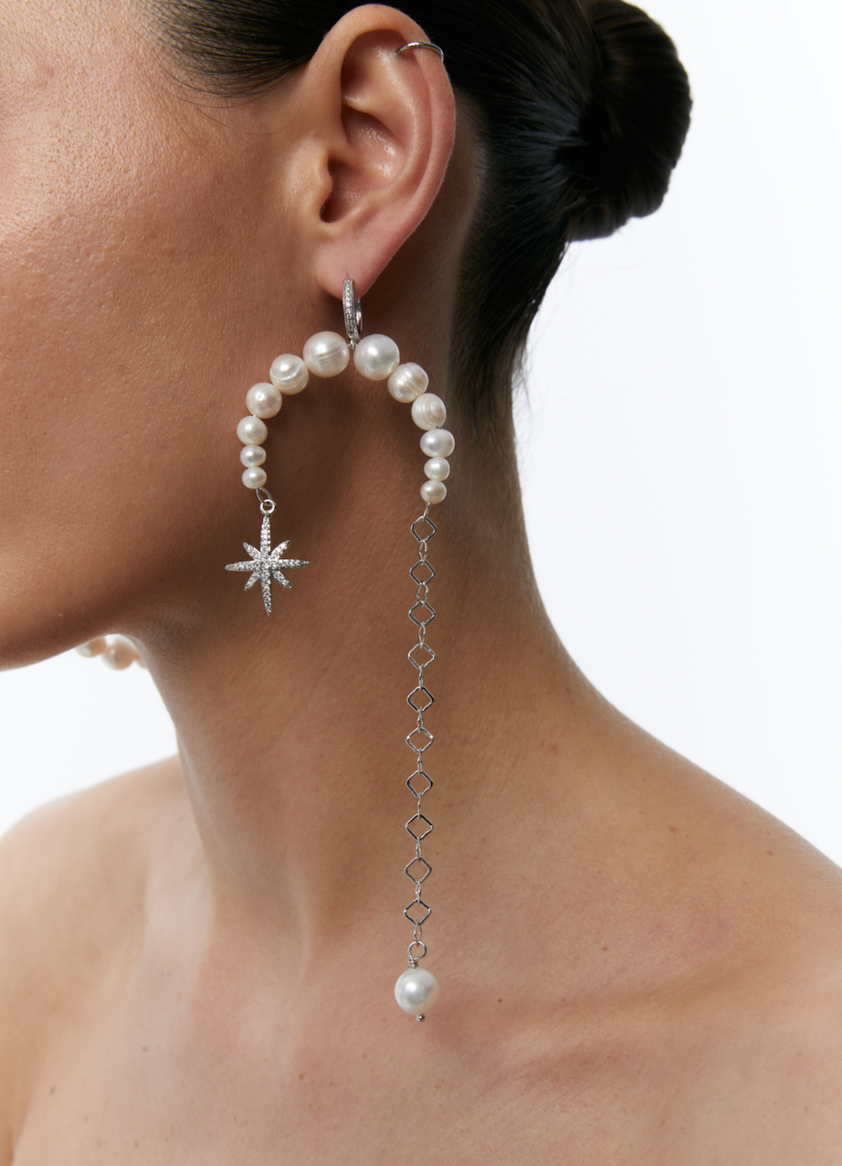 Grains de Verre - ASYMMETRICAL PEARLS EARRINGS WITH "MORNING STAR" SILVER